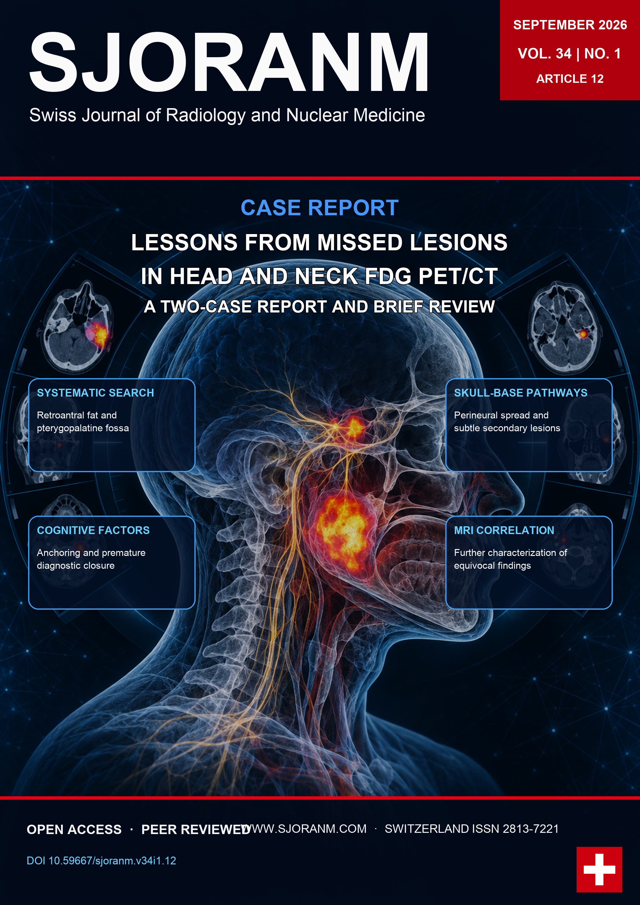 SJORANM cover illustration showing FDG PET/CT head and neck imaging with highlighted skull-base pathways.
