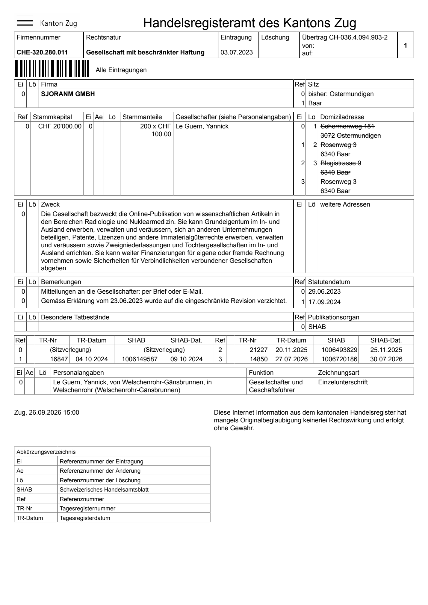 Current online extract for SJORANM GmbH from the Commercial Register of the Canton of Zug, dated 26 September 2026